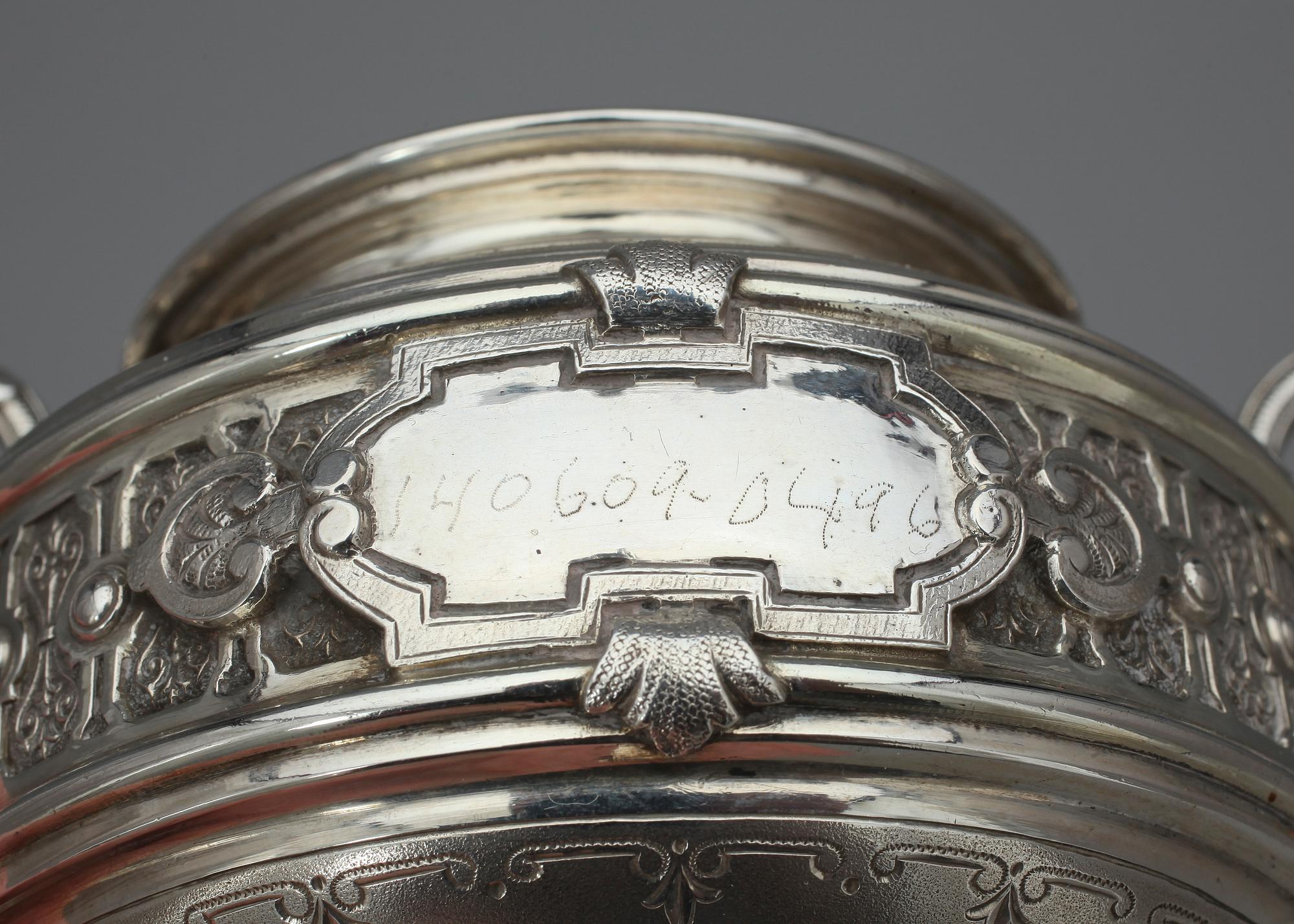 KAFFESERVIS, 3 delar silver, nyrenässans, Carl August Nilsson Malmö 1888, totalvikt ca 770 gr.