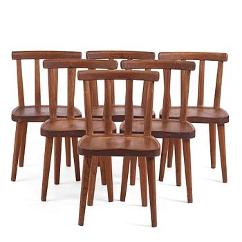 Axel Einar Hjorth, a set of six stained pine 'Utö' chairs, Nordiska Kompaniet, Sweden 1930s.