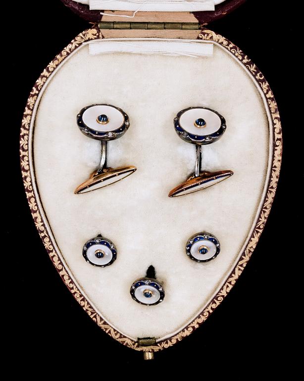 CUFFLINKS, gold/silver with enamel, mother of pearl and small diamonds.