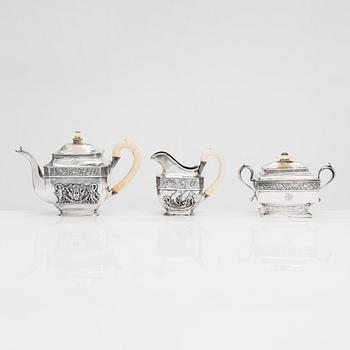 An 1830s three-piece silver tea set, Moscow, Russia.