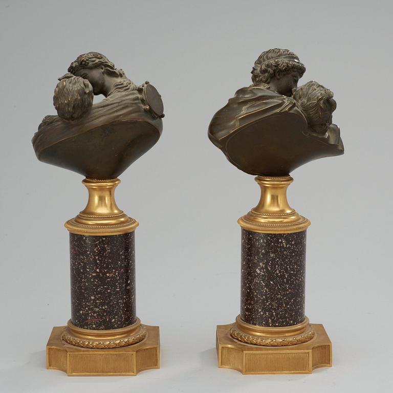 A pair of late Gustavian 19th century bronze figurines with porphyry base.