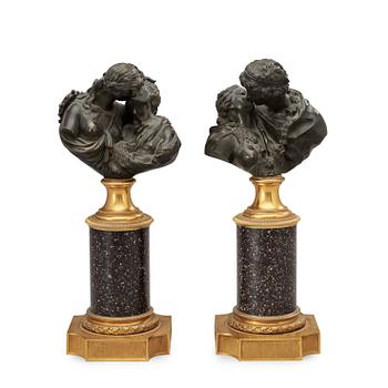 591. A pair of late Gustavian 19th century bronze figurines with porphyry base.