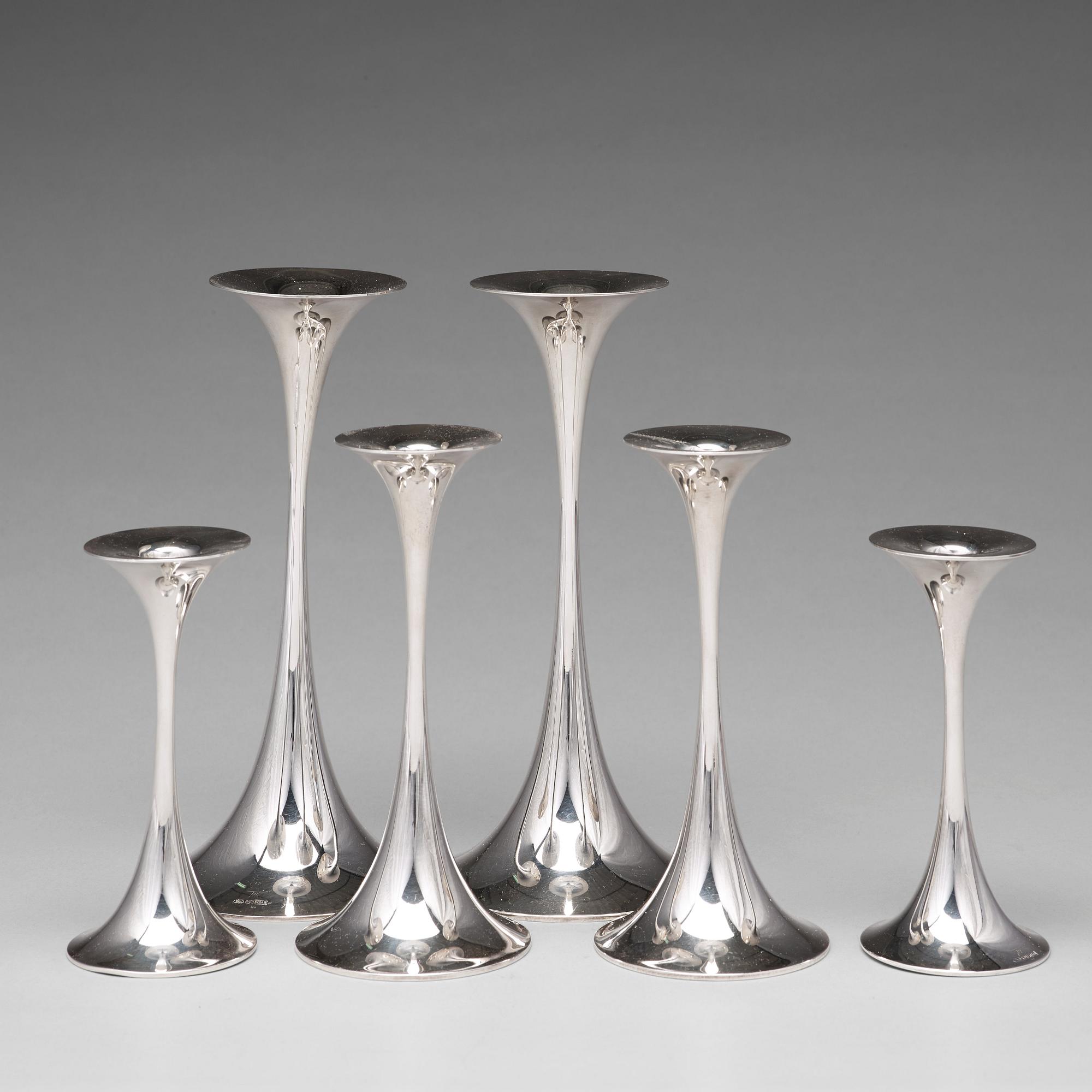 Tapio Wirkkala, a set of 6 silver candlesticks ( three pairs), Kultakeskus OY, Hämeenlinna, Finland 1978-87.