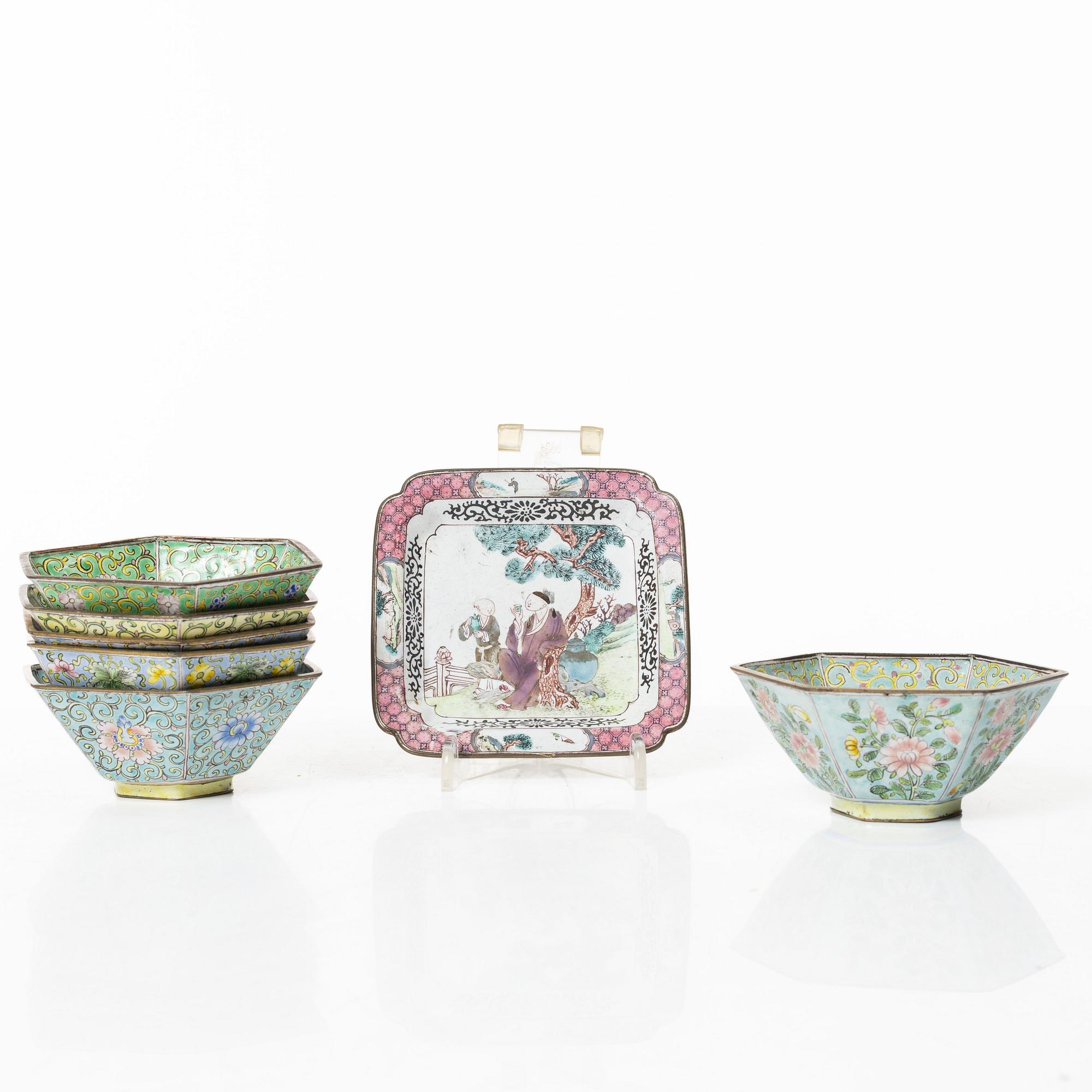 A set of six Chinese enamel on copper bowls and a dish, Qing dynasty and 20th century.