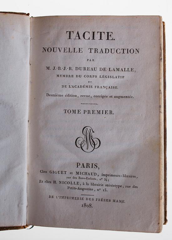 BOK, 5 volymer, "Annales de C. Corn. Tacite, Nouvelle traduction", de l'Iprimerie des Frères Mame, Paris 1808.