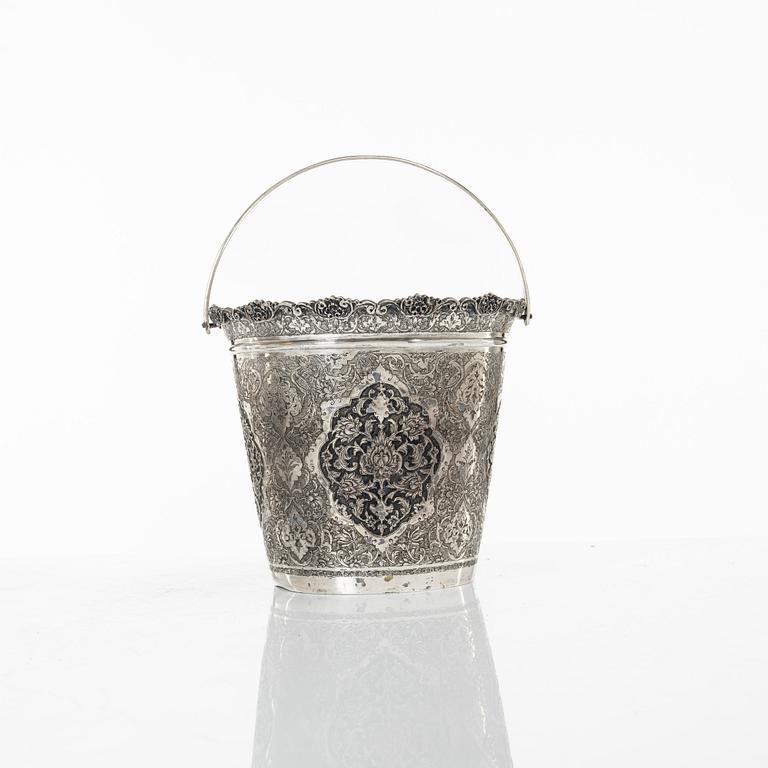 A Persian silver bowl and a silver bucket, 20th century.