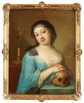Per Krafft d.y. Attributed to, Vanitas with a young lady and skull.