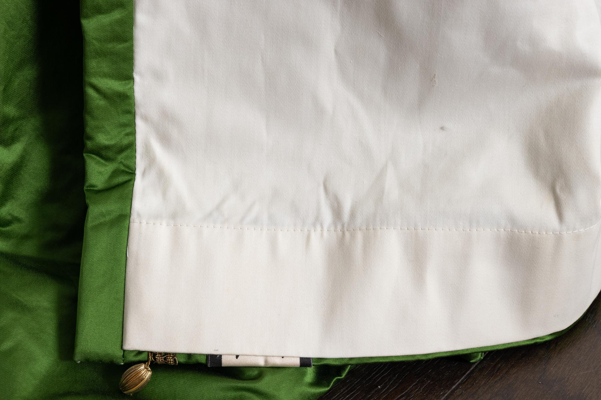 Curtains, a pair, green silk with ribbon embroidery.