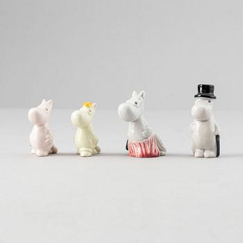 Leo Tykkyläinen, four ceramic Moomin figurines, Arabia, Finland, 1950's.