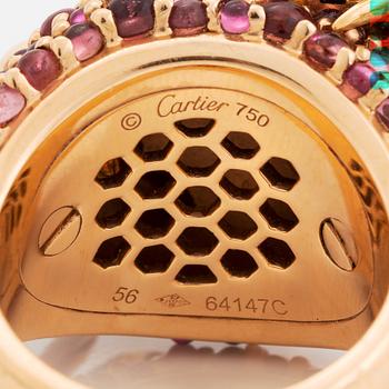 Cartier ring 18K guld och emalj med runda briljantslipade diamanter, safirer och smaragder.