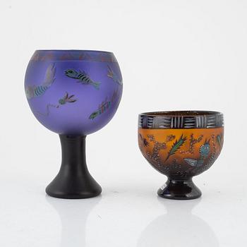 Ulrica Hydman-Vallien, two unique "Juvelglas" glass bowls, Kosta Boda, Sweden.