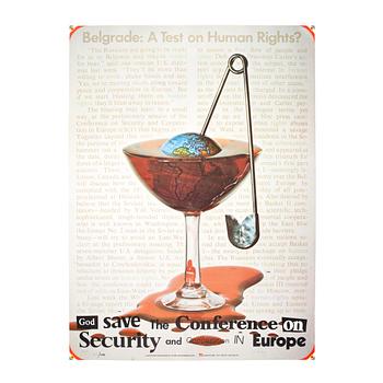 Sture Johannesson · STURE JOHANNESSON, offset, affisch, på s.k. äggskalspapper, "Belgrade: A Test on Human Rights?", sign o dat 1977, numr 768/1000.