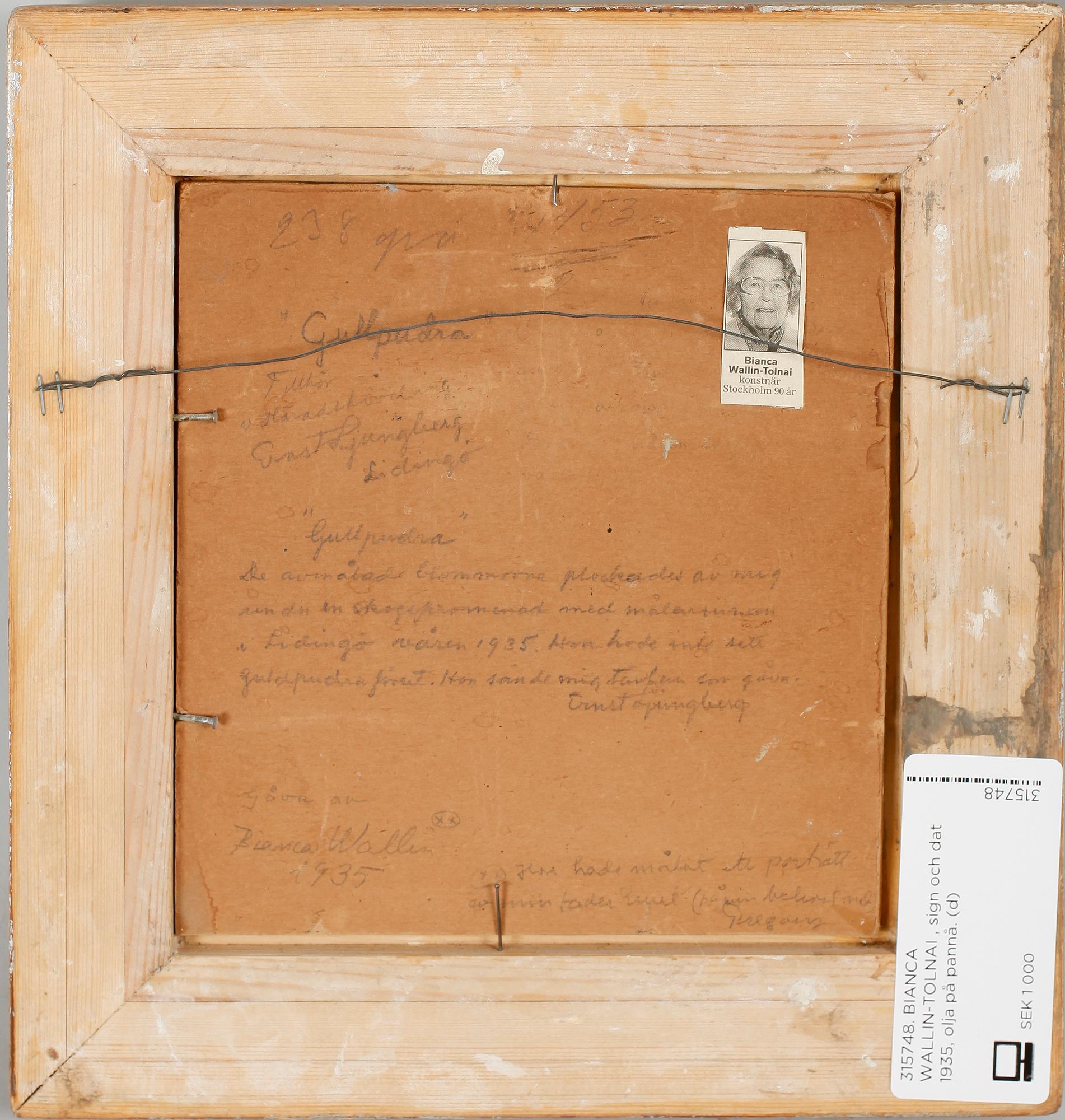 BIANCA WALLIN-TOLNAI, sign och dat 1935, olja på pannå.