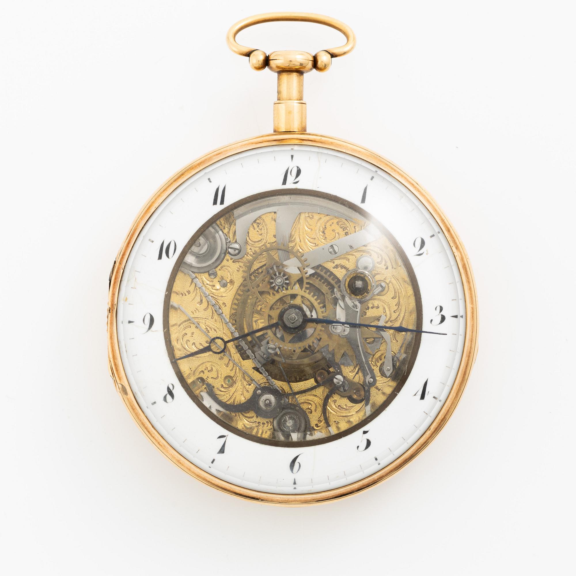 Pocket watch, skeletonised, with repeating mechanism, 18K gold, 52,5 mm.