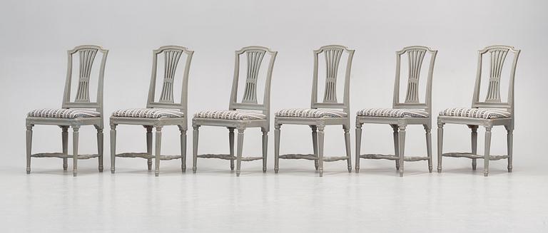 Six late Gustavian late 18th century chairs.