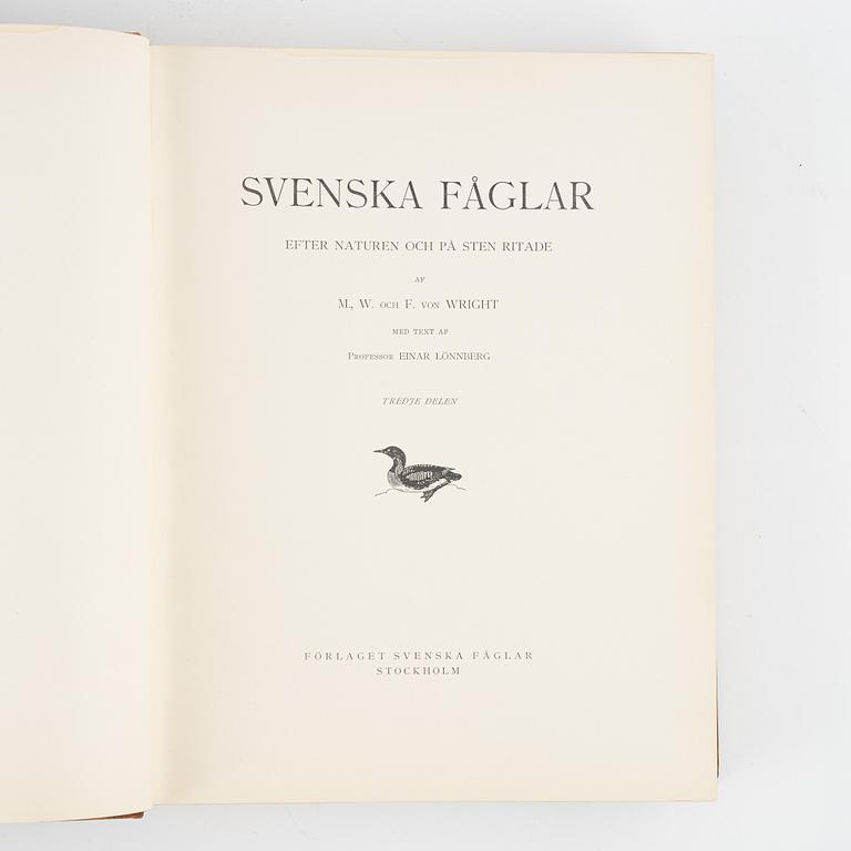 Three volumes of 'Svenska fåglar' by the von Wright brothers, printed at A.Börtsells Tryckeri AB, Stockholm, 1924-29.