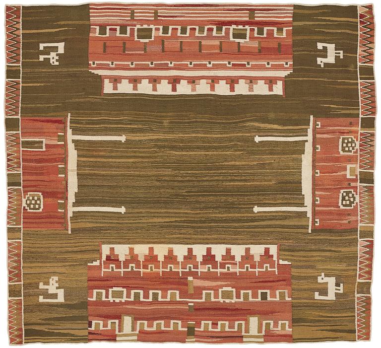 Barbro Nilsson, Matto,"Slottet", flat weave, ca 280-282 x 295,5-309,5 cm, designed by Barbro Nilsson, unsigned.