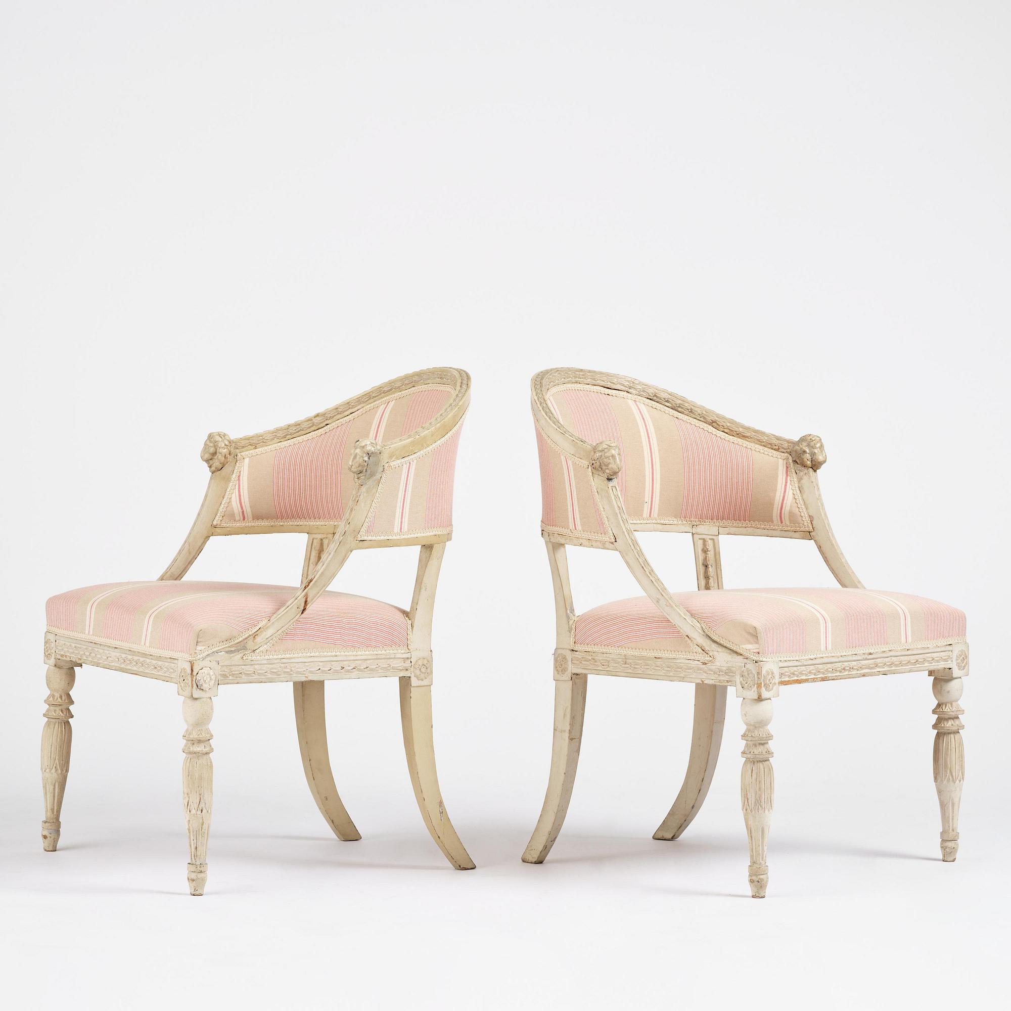 A pair of late Gustavian open.back armchairs, Stockholm, late 18th century.