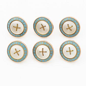 West/shirt buttons, six pieces, gilded with enamel and mother-of-pearl.