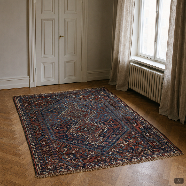 A Khamseh rug, antique, c. 192 x 155 cm.