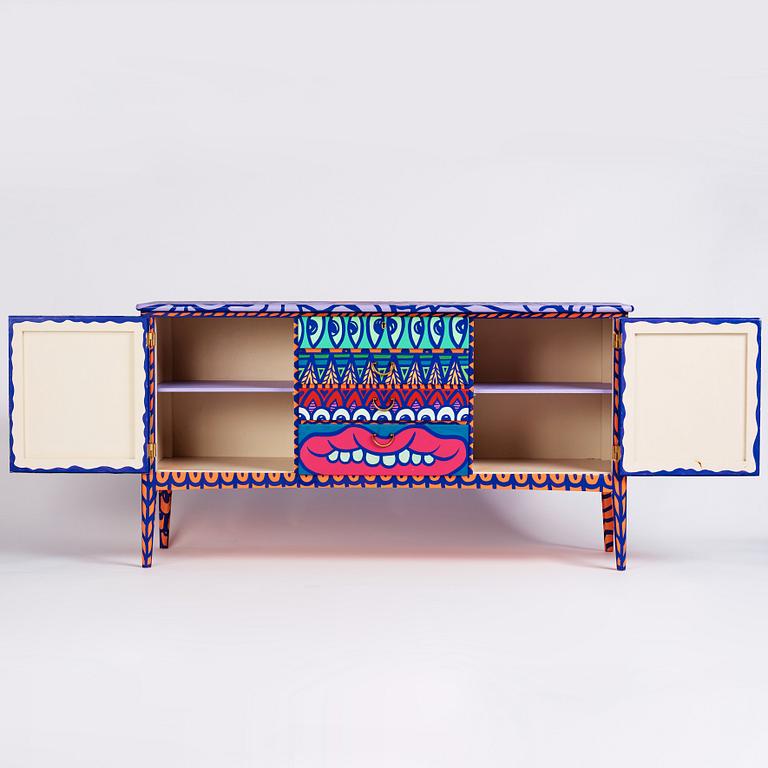 Amara Por Dios, a unique painted sideboard/object, executed in her own studio, 2018.