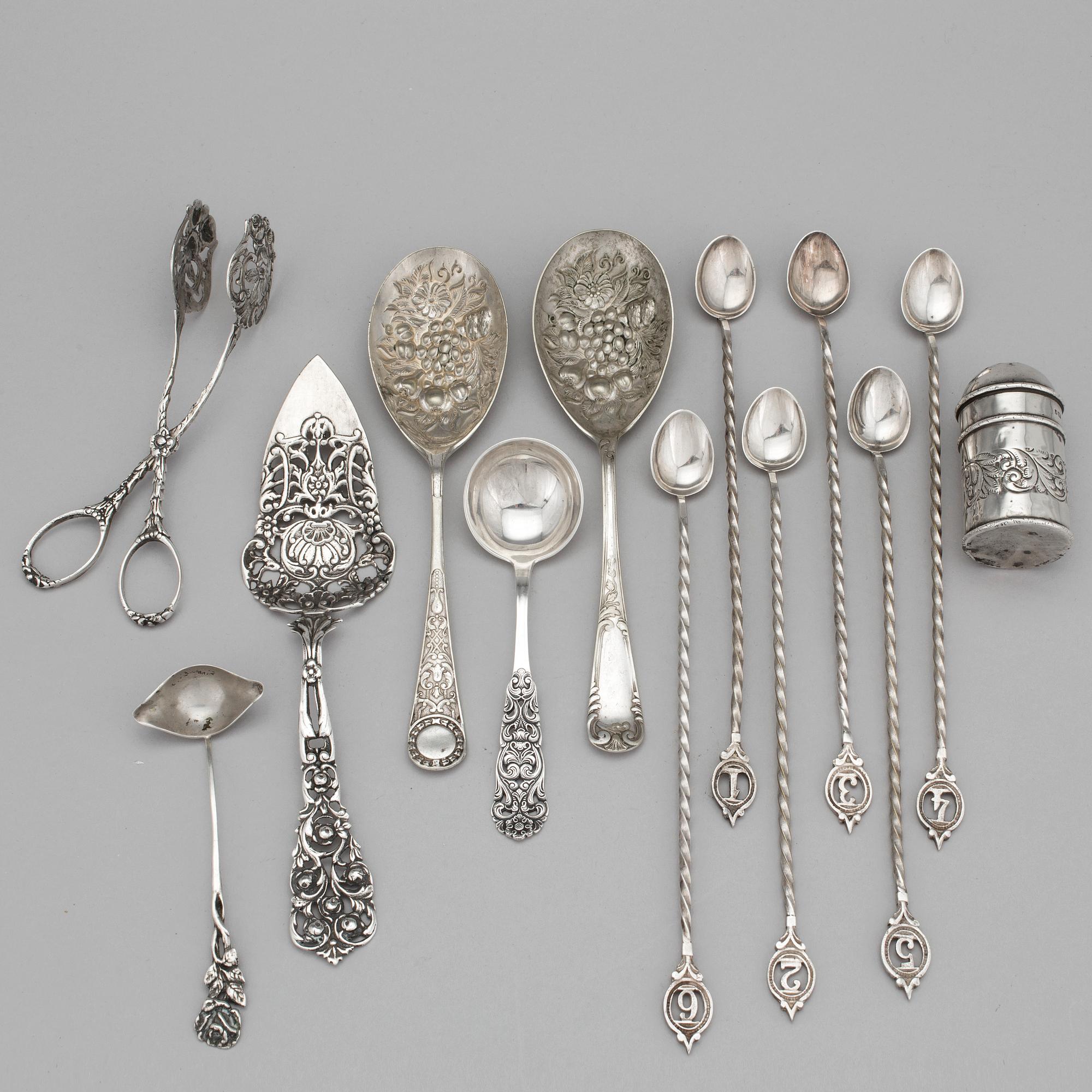 A Victorian silver salt shaker marked Birmingham 1897 and a collection of silver (3) and plate (9) flatware.