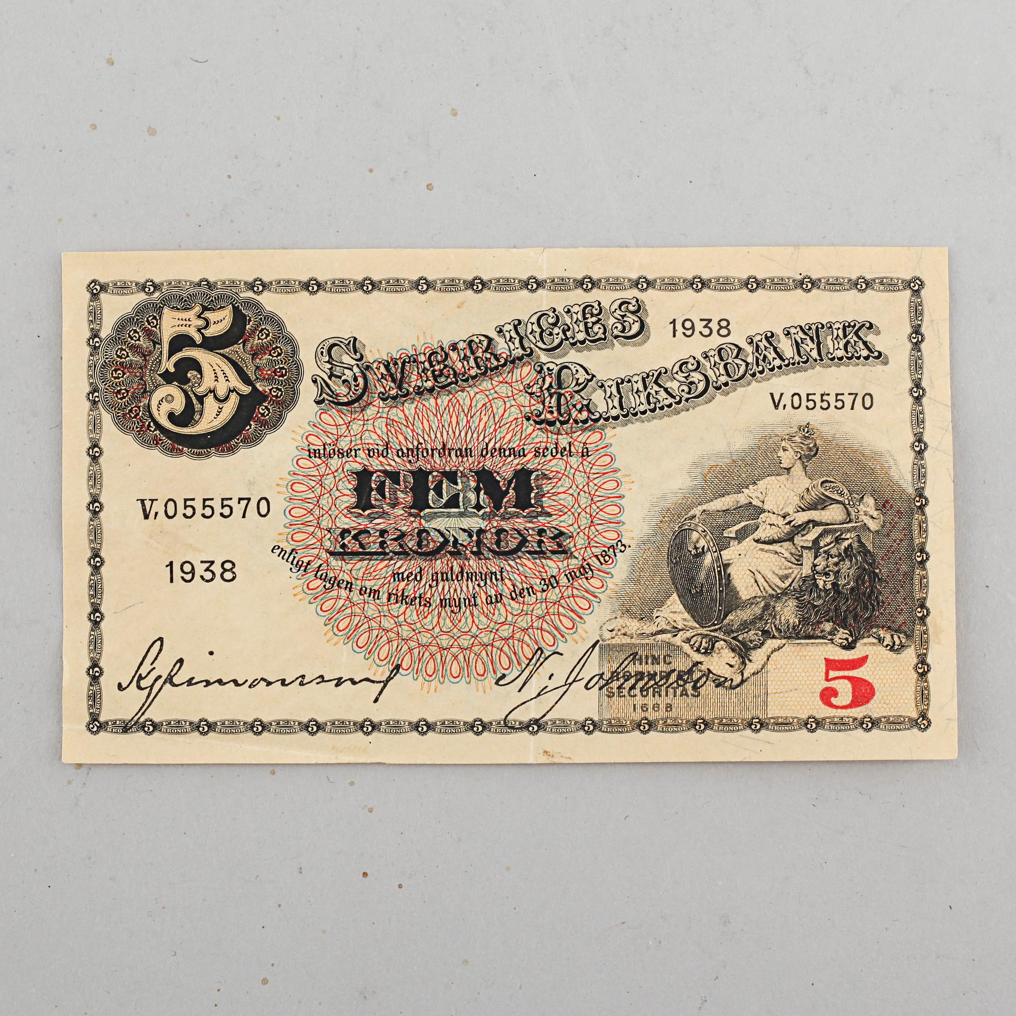 64 5 kronor bills, 1938- 1981.