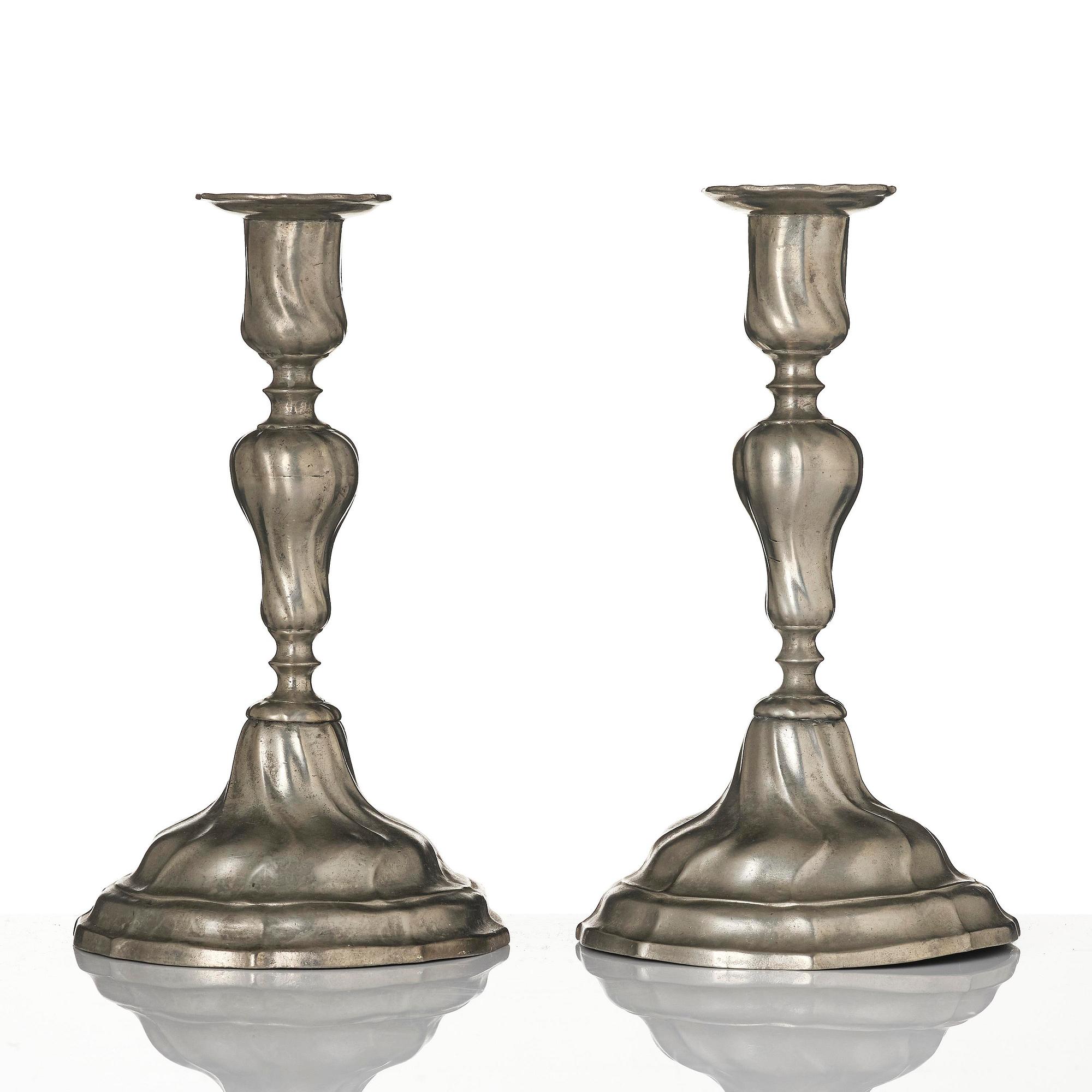 A pair of rococo pewter candlesticks, mark of Johan Bruhn, Västervik 1782.
