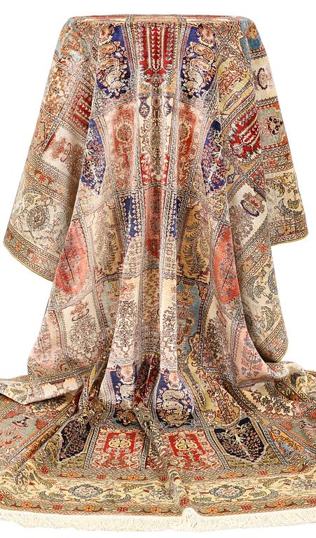 A semi-antique/Old Kaysari, silk and metal thread rug, 288 x 212 cm.