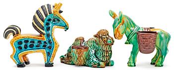 365. Three Gunnar Nylund stoneware figures, a horse, a donkey and a camel, Rörstrand.