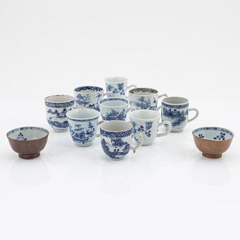 A set of 11 odd Chinese Export cups, Qing dynasty, 18th Century.