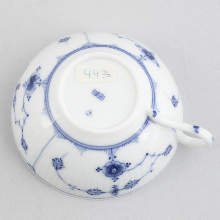 A group of four 'Blue Fluted' / 'Musselmalet rifflet' cups with saucers, Royal Copenhagen, 19th century and later.