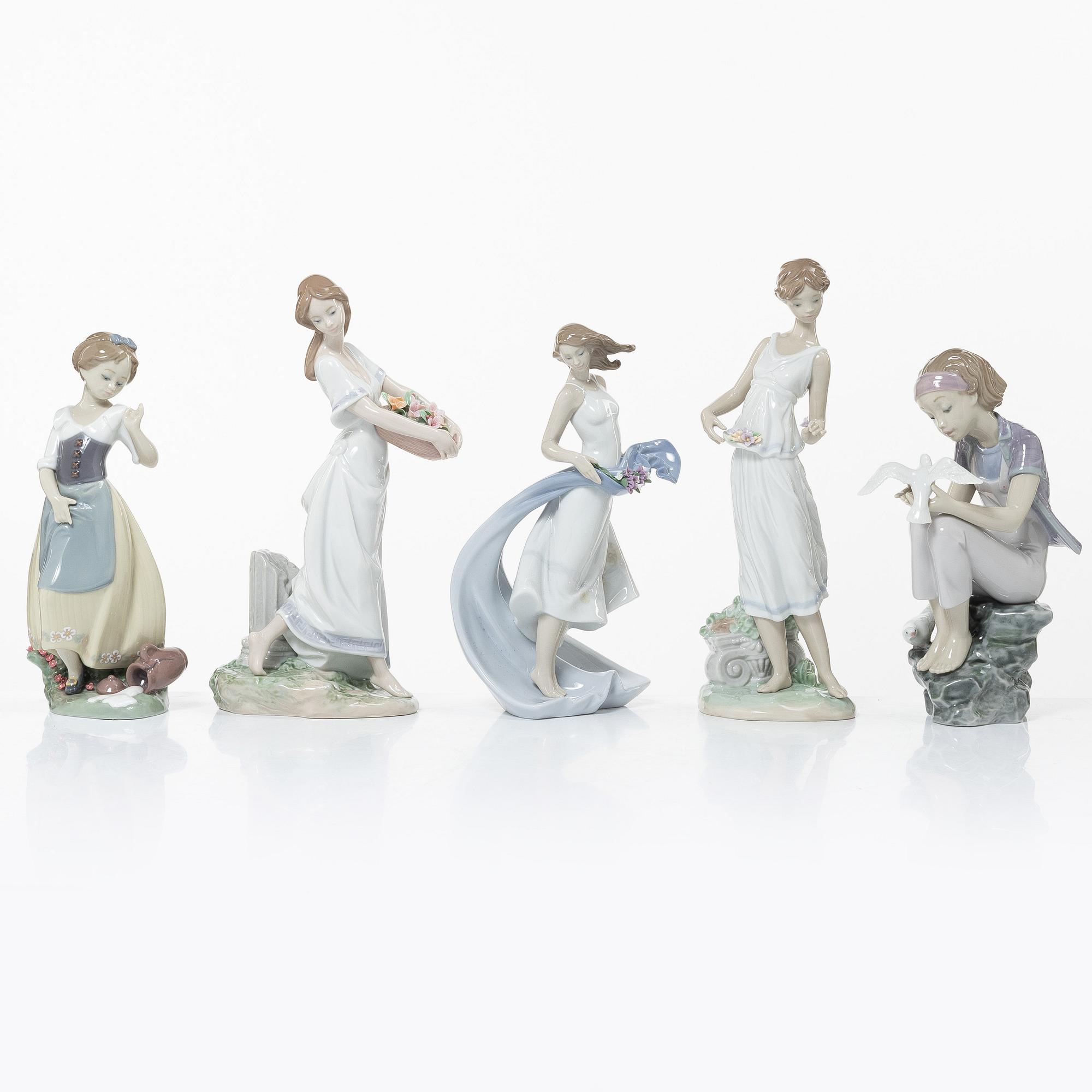 Lladró, figurines, 5 pcs, "Flowers for goddess", "Clumsy me", "Playing with doves", "Blissful youth", "Garden of Athens".