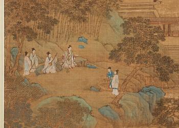 RULLMÅLNING med KALLIGRAFI, landskap med figurer. Troligen av kvinnlig konstnär (Yinhu från Tongjin), Qing (1644-1912).