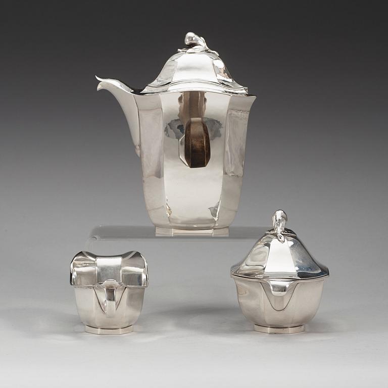 A Jacob Ängman three pcs of silver coffee service, Guldsmedsaktiebolaget, 1929 and 1934.