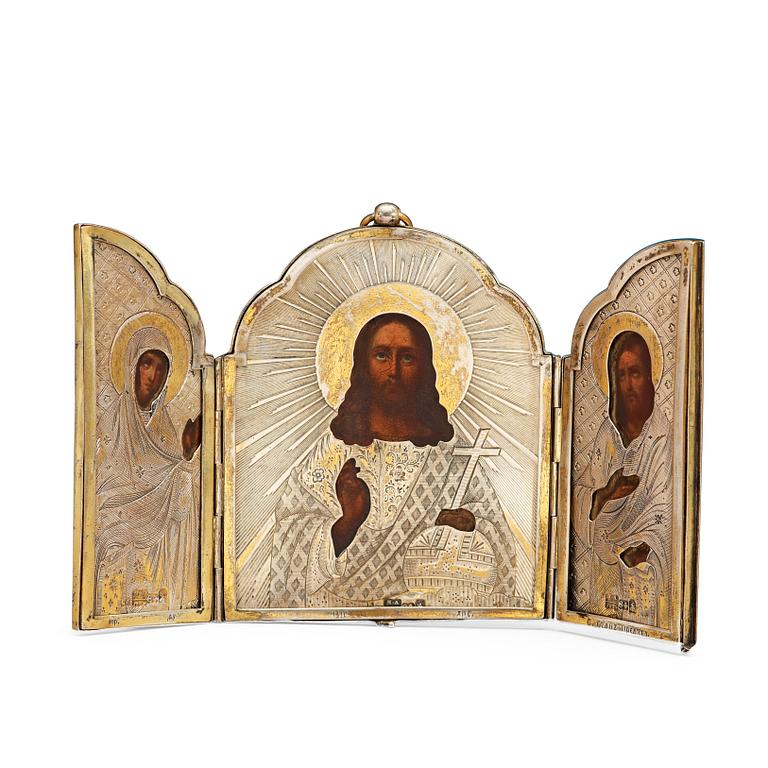 A Russian 19th century parcel-gilt triptych icon with Christ Pantocrator, Moscow 1857.