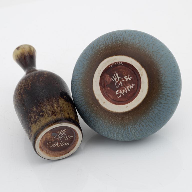 Sven Wejsfelt, two stoneware vases and a bowl, Gustavsbergs studio, 1985-1987.