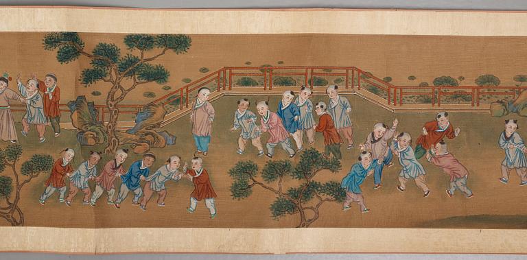 A scroll painting, ink and color on paper, Qing dynasty, 19th Century. '100 boys'.