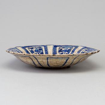 A blue and white persian dish, Qajar dynasty, possibly "Kubachi-ware",