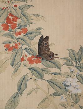 MÅLNINGAR, två stycken, tusch och färg på siden. Lu Wenyu (1887-1974), signerad och en daterad, fjärilar.