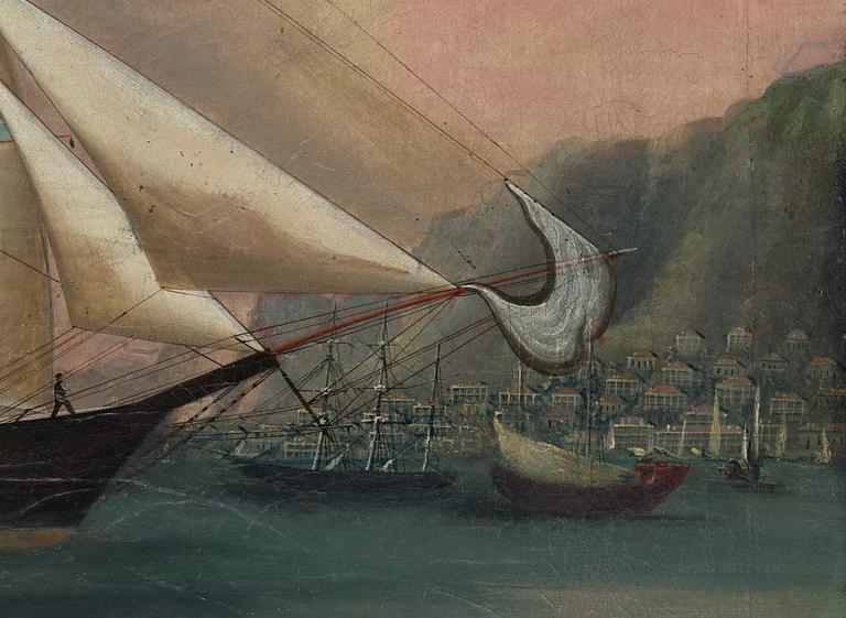 An oil painting by an Anonymous artist of a Danish Eastindiaman at Hong Kong Harbour, 19th Century.
