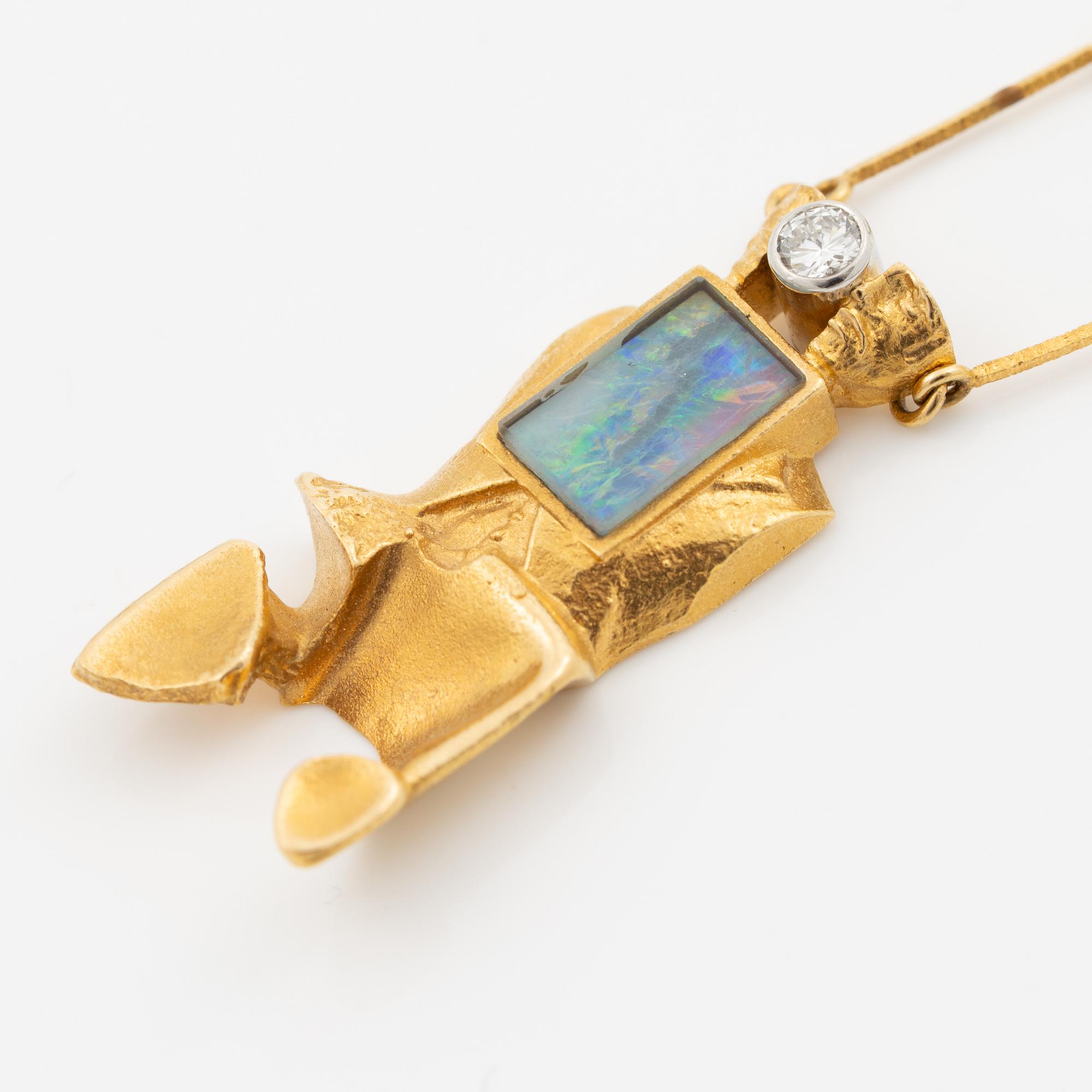 Björn Weckström, Necklace, 18K gold with opal and a round brilliant-cut diamond, Finland 1978. By Lapponia.