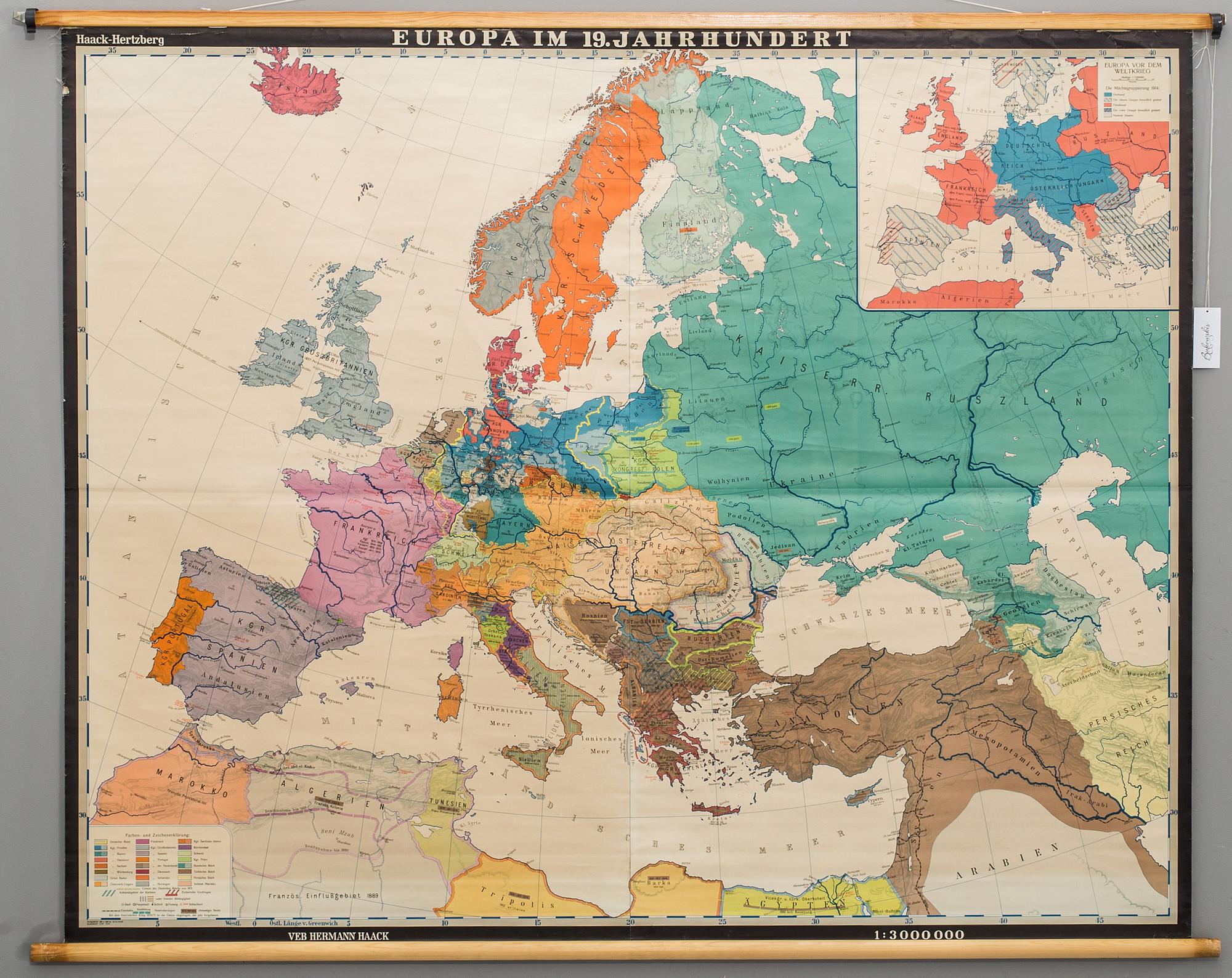 A SCHOOL MAP "Europe 19th century",Norstedts Skolavdeling Stockholm. Mid 20th century. ".