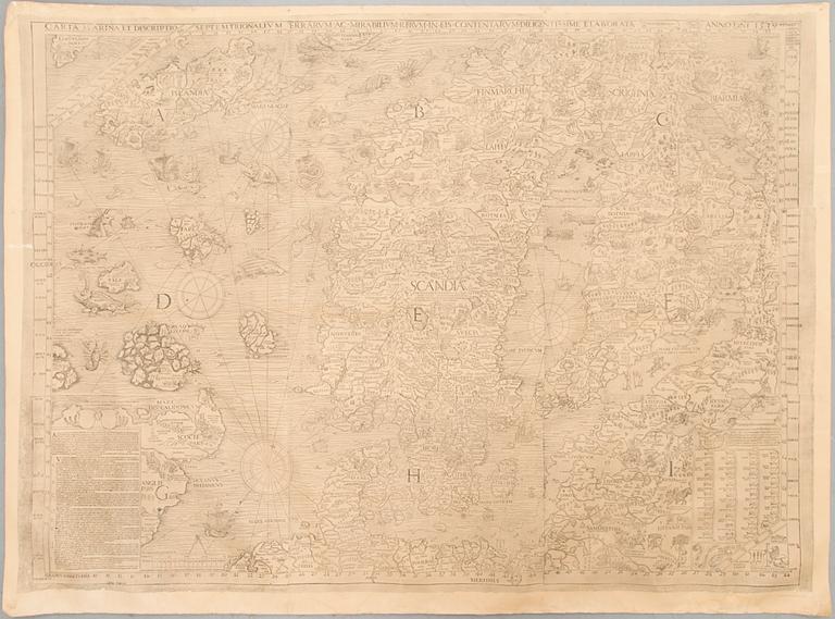 A reproduction of the 1539 Carta Marina by Olaus Magnus, printed in 1949 by Malmö Ljustryckanstalt, Sweden.