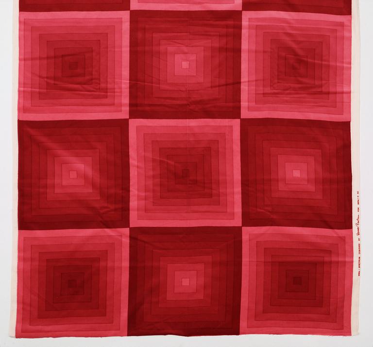 Verner Panton, CURTAIN, FABRIC AND SAMPLERS, 6 PIECES.  Cotton velor. A variety of dark to light red nuances and patterns. Verner Panton.