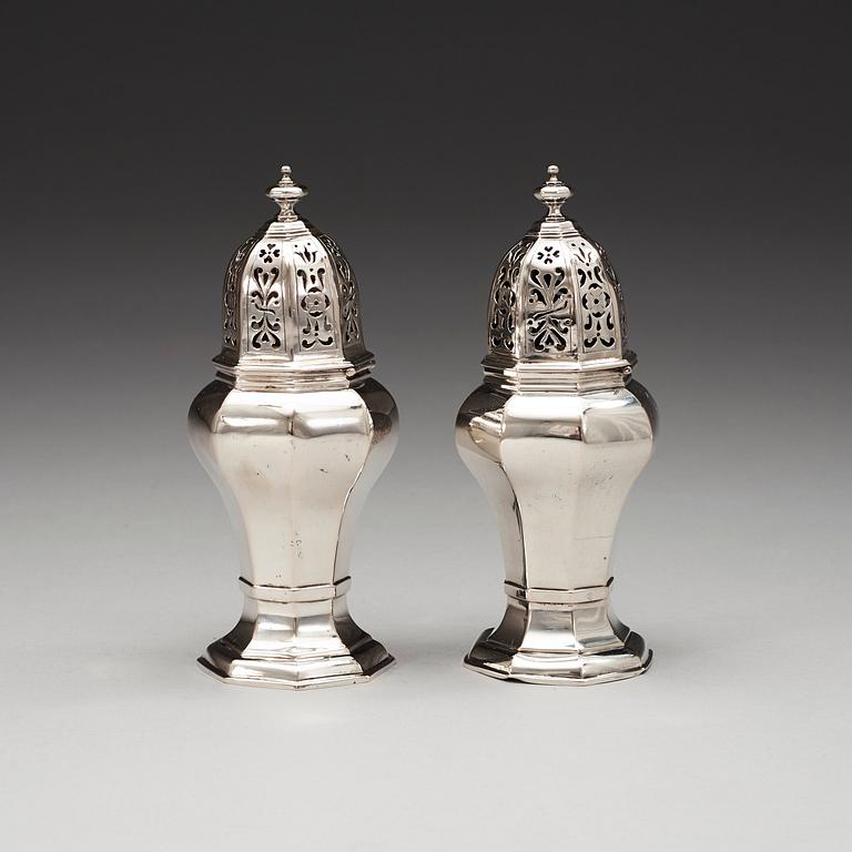 A matched pair of Swedish 18th century parcel-gilt sugar-casters, one marked Friedrich Heinrich Klinck, Stockholm 1733.