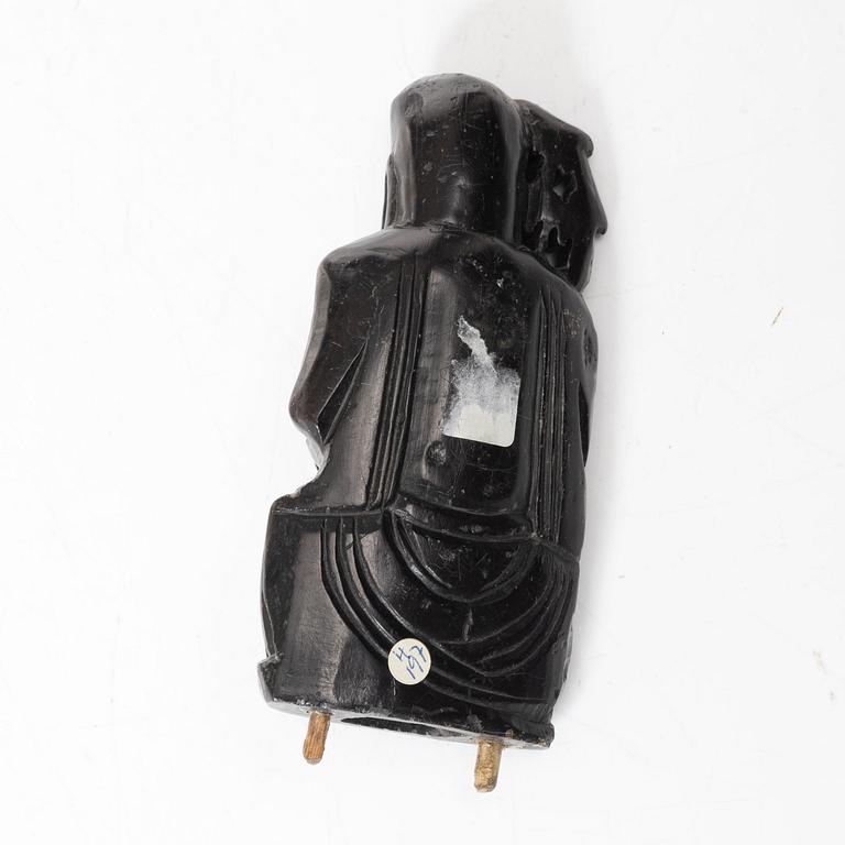 A Chinese green stone brush washer, a carved bone and a soapstone figure, partly Qing dynasty.