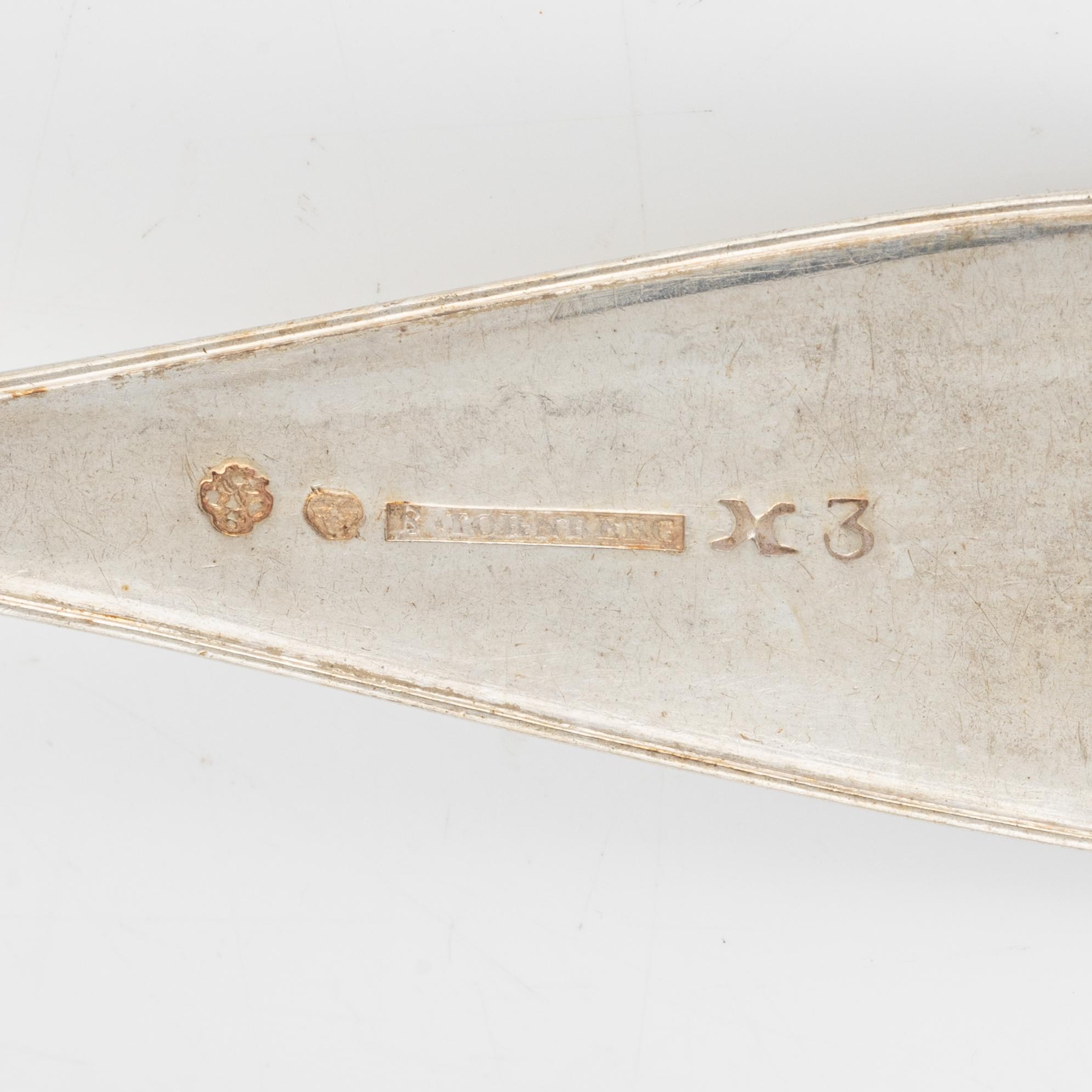 A set of five silver dining spoons, mark of Bengt Tornberg, Linköping 1828.
