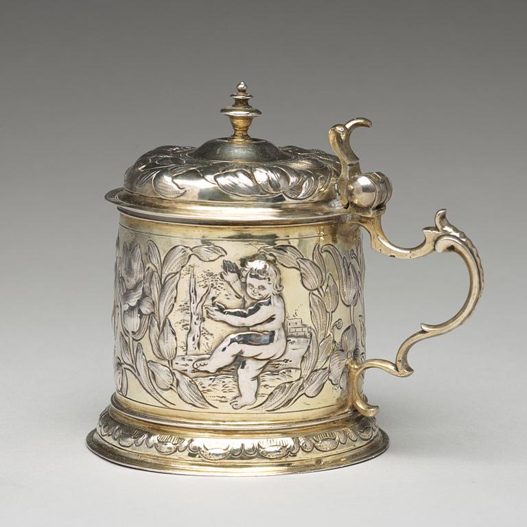 Hans Leonhard Huber, dryckeskanna, silver, Augsburg (1637-1671). Barock.