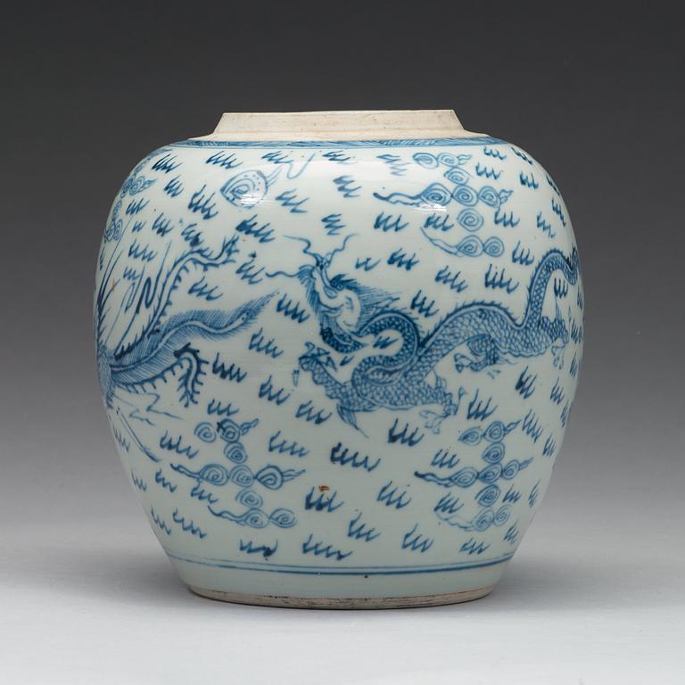 A blue and white phoenix and dragon jar, Qing dynasty, 18th Century.